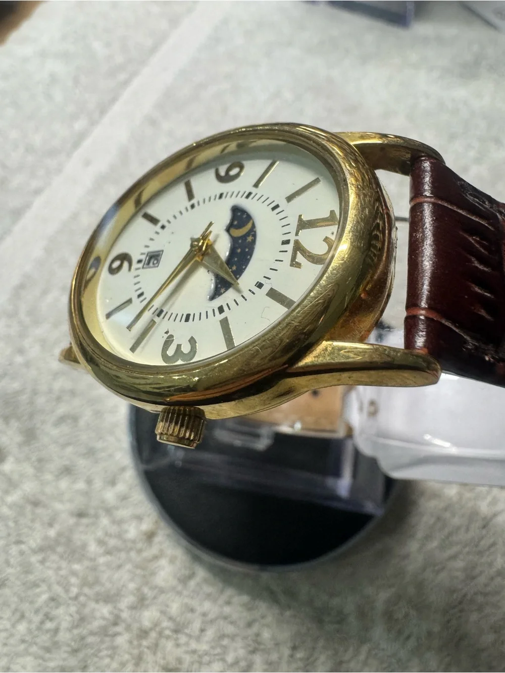 Classic Moonphase Gold-Tone Men’s Watch with Brown Leather Strap